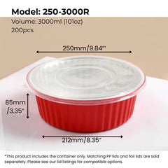 101 oz (3000 ml) red round aluminum foil food container with clear PP lid from FoilTrust