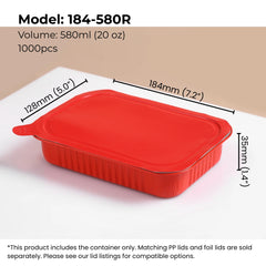 red 20 oz (580 ml) rectangular aluminum foil food container with sealing lid from FoilTrust