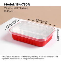 25 oz (750 ml) red rectangular aluminum foil food container with clear PP lid from FoilTrust