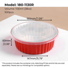 red 38 oz (1130 ml) round aluminum foil food container with PP lid from FoilTrust