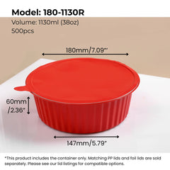 38 oz (1130 ml) red round aluminum foil food container with red sealing lid from FoilTrust