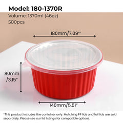 red 46 oz (1370 ml) round aluminum foil food container with PP lid from FoilTrust