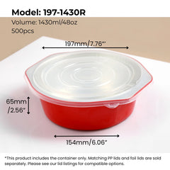 red 48 oz (1430 ml) round aluminum foil food container with PP lid from FoilTrust
