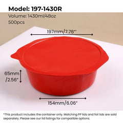 red 48 oz (1430 ml) round aluminum foil food container with sealing lid from FoilTrust