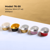 Foiltrust 76-50 series 50ml aluminum containers in various colors, perfect for desserts and sauces