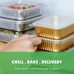 Foiltrust versatile aluminum container set for chill, bake, and delivery food services