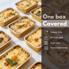 Premium gold aluminum foil containers suitable for freezer, air fryer, and oven use for professional food service.