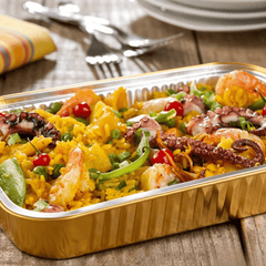 High-capacity Foiltrust aluminum foil container served with paella for food delivery