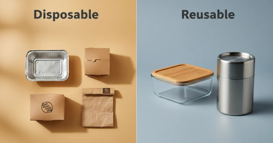 Comparison of disposable aluminum food containers and reusable glass and stainless steel containers for restaurants and food businesses