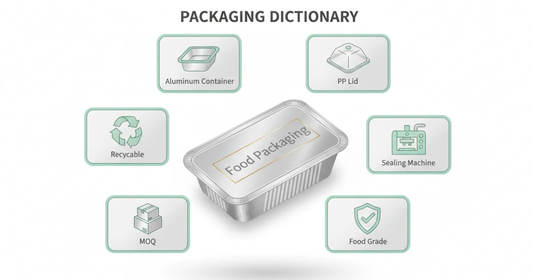 Food packaging glossary visual showing aluminum containers, PP lids, sealing machines, and packaging terminology for food businesses