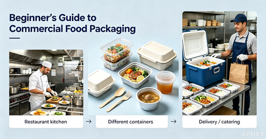 Beginner's guide to commercial food packaging showing restaurant containers, delivery packaging, catering trays, and aluminum food containers