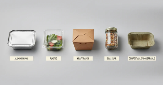 Comparison of food packaging materials including aluminum foil containers, plastic boxes, paper packaging, glass jars, and compostable containers