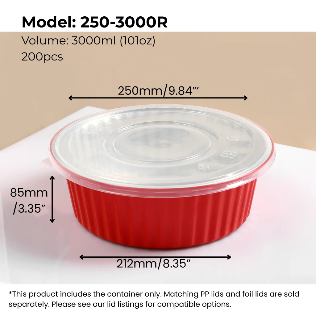 101 oz (3000 ml) red round aluminum foil food container with clear PP lid from FoilTrust