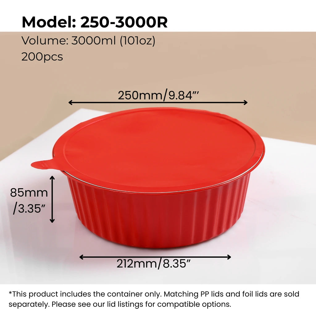  red 101 oz (3000 ml) round aluminum foil food container with sealing lid from FoilTrust