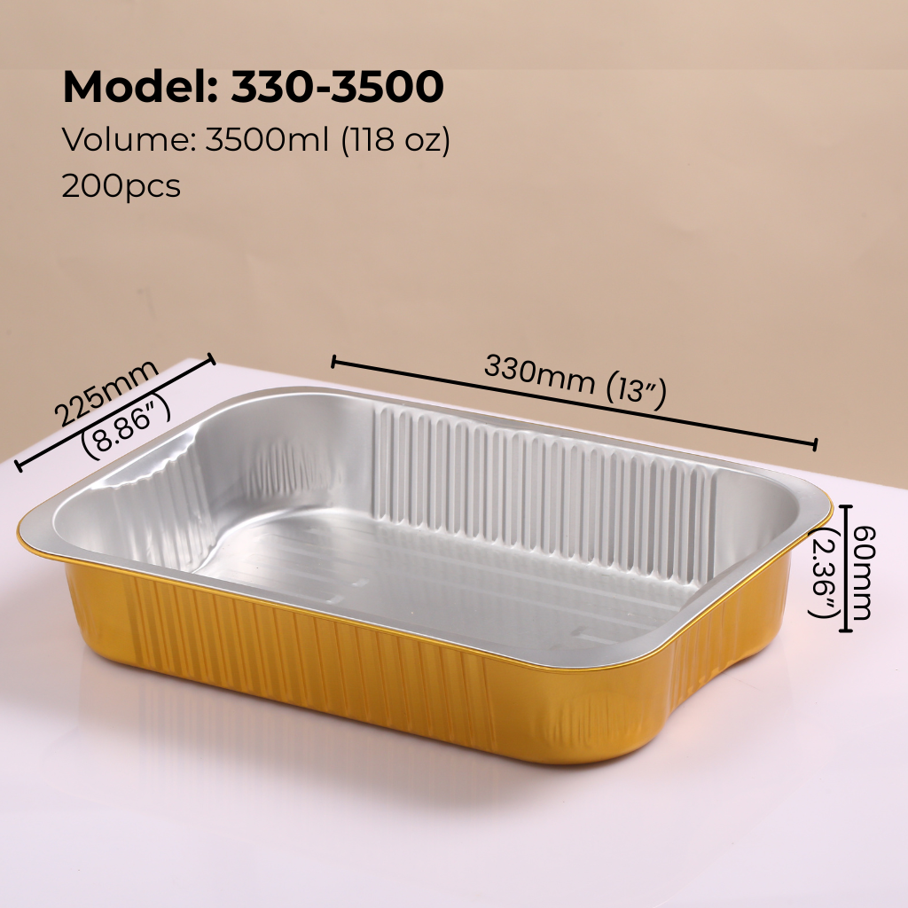 Foiltrust 330-3500 model aluminum foil container with technical specifications