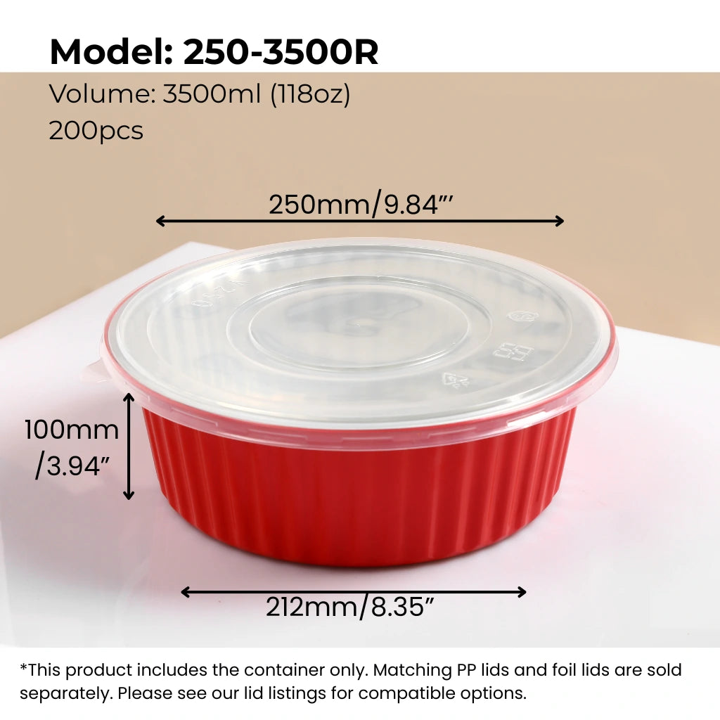 118 oz (3500 ml) red round aluminum foil food container with clear PP lid from FoilTrust