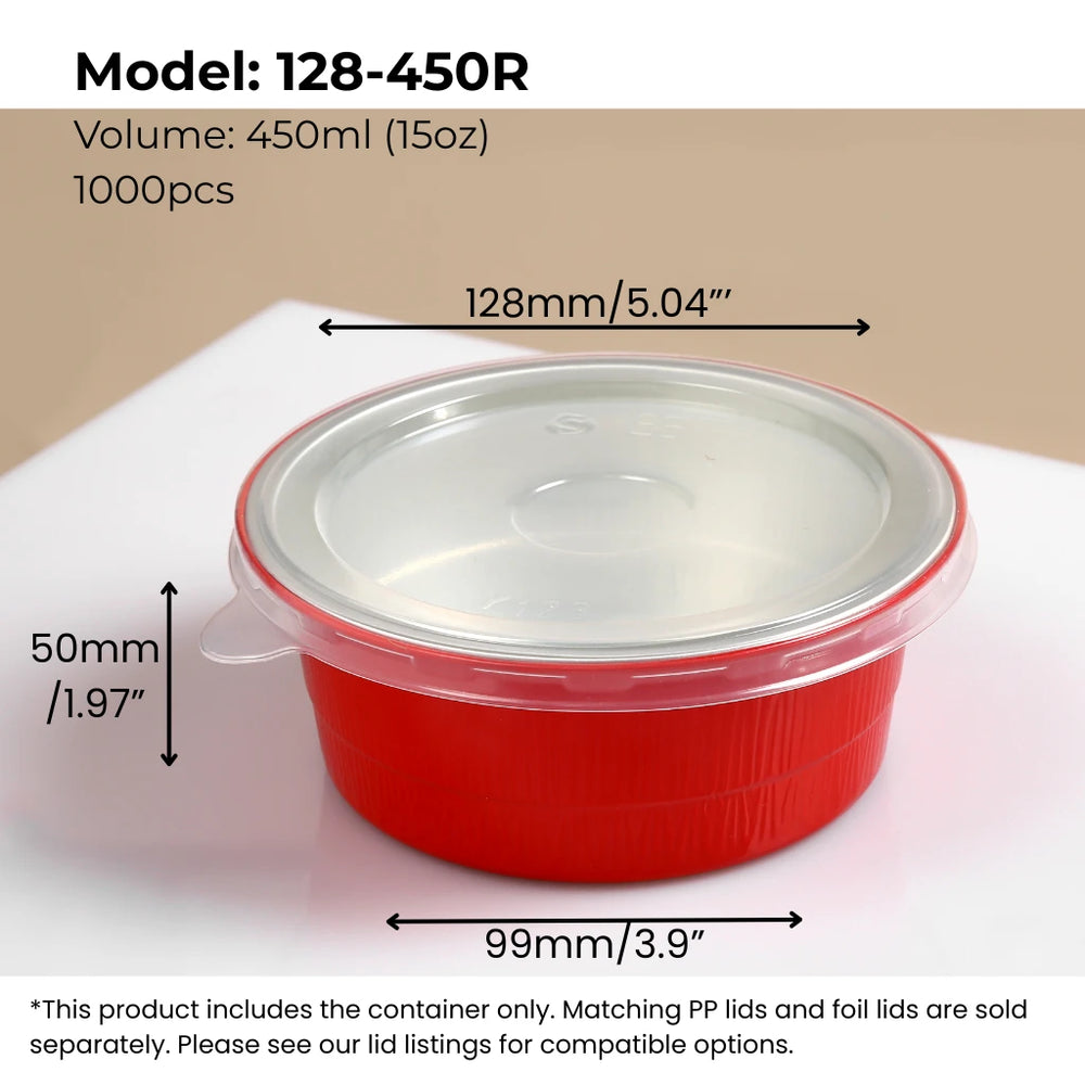 red 15 oz (450 ml) round aluminum foil food container with PP lid from FoilTrust