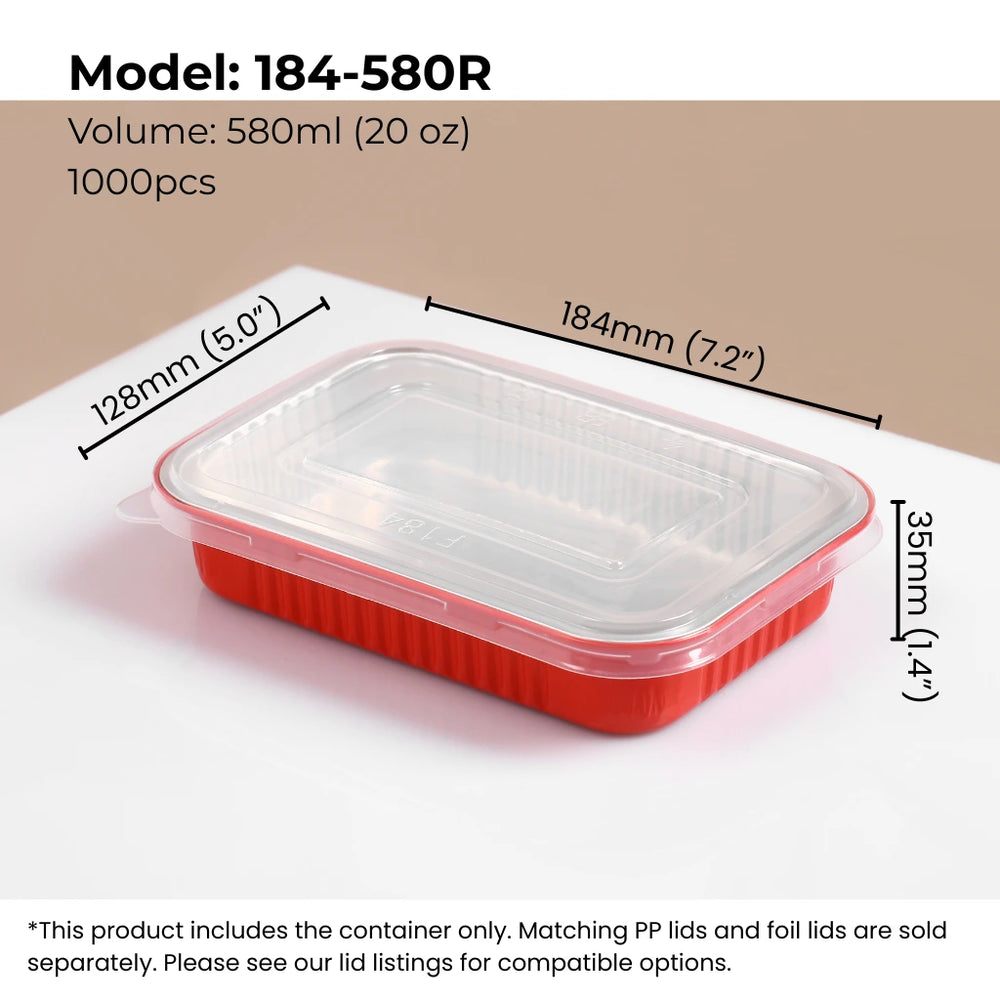 20 oz (580 ml) red rectangular aluminum foil food container with clear PP lid from FoilTrust