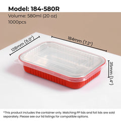 20 oz (580 ml) red rectangular aluminum foil food container with clear PP lid from FoilTrust