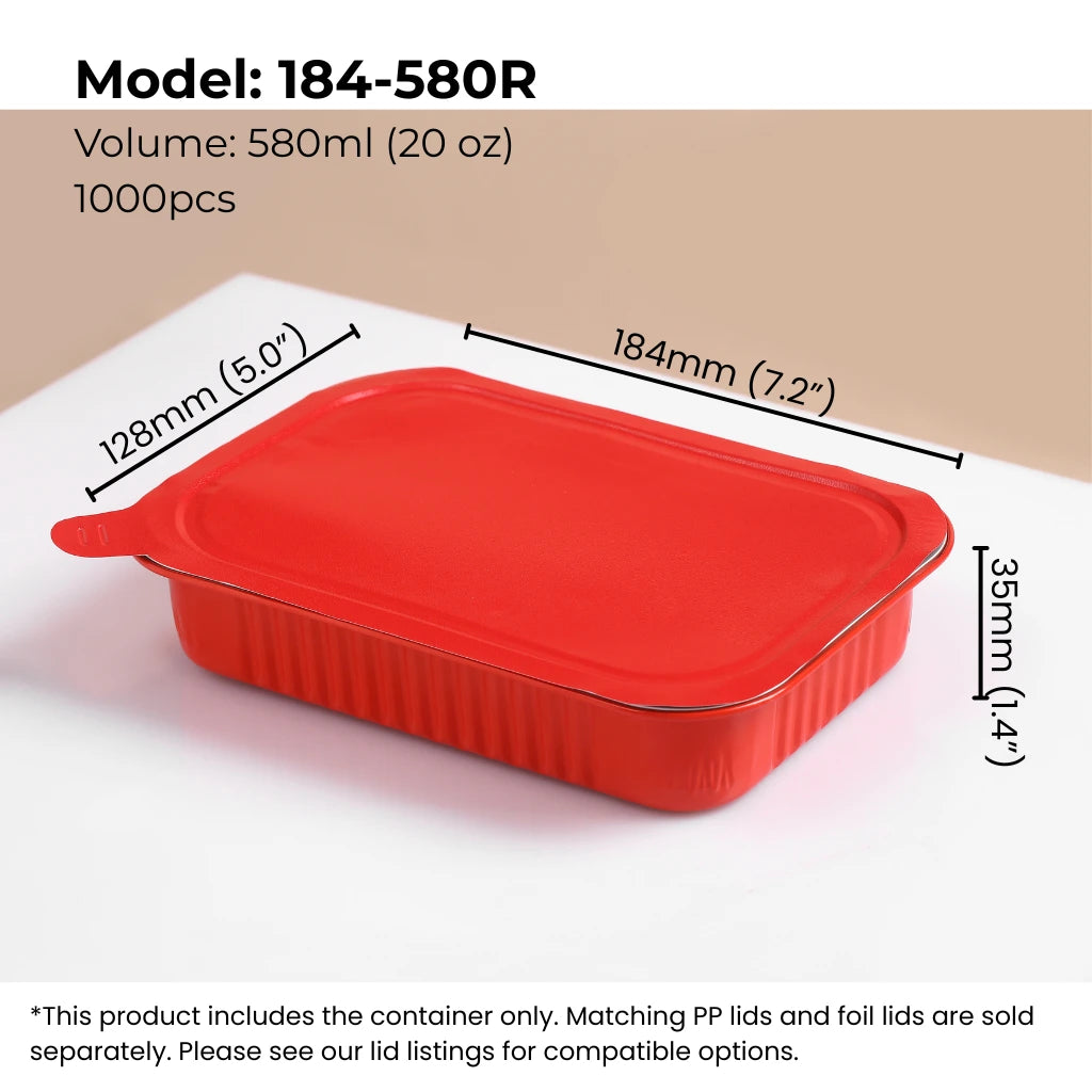 red 20 oz (580 ml) rectangular aluminum foil food container with sealing lid from FoilTrust