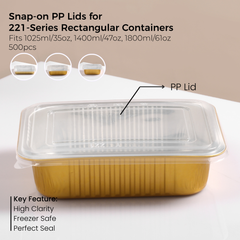 PP Snap-On Lid for 221 Series Rectangular Aluminum Foil Food Container(Fits 35oz/1025ml, 47oz/1400ml, 61oz/1800ml)