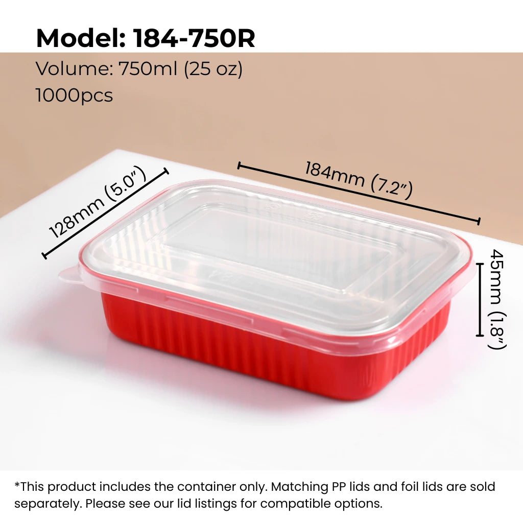 25 oz (750 ml) red rectangular aluminum foil food container with clear PP lid from FoilTrust
