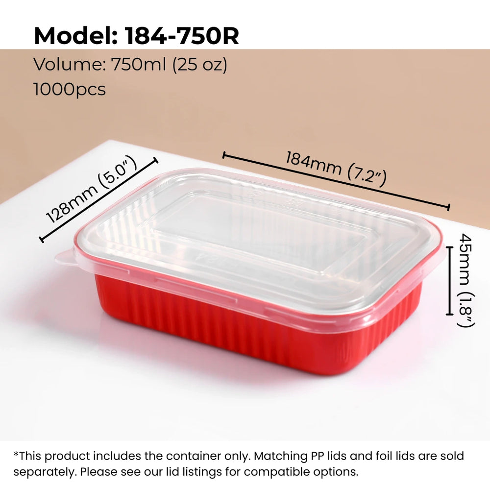 25 oz (750 ml) red rectangular aluminum foil food container with clear PP lid from FoilTrust
