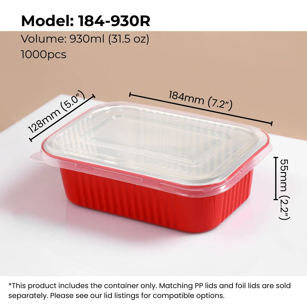 31.5 oz (930 ml) red rectangular aluminum foil food container with clear PP lid from FoilTrust