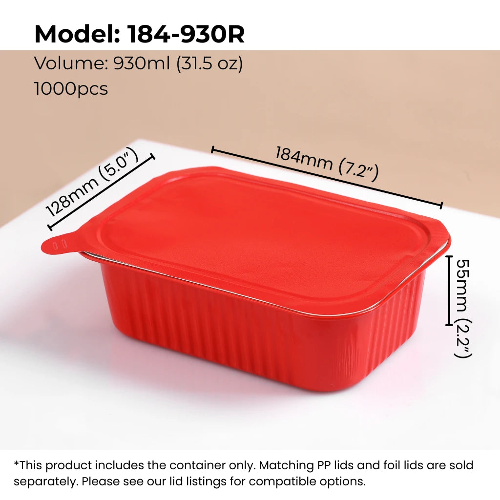 red 31.5 oz (930 ml) rectangular aluminum foil food container with sealing lid from FoilTrust