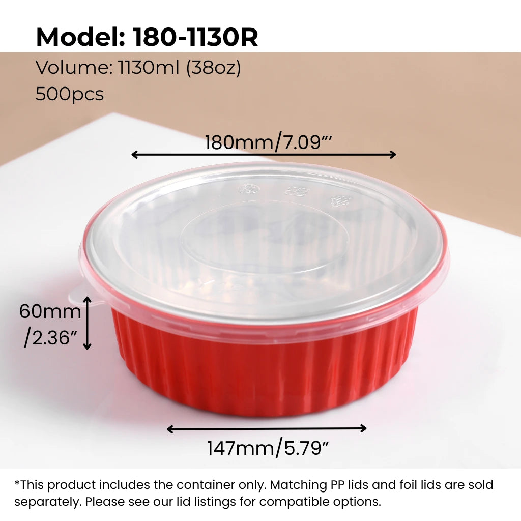 red 38 oz (1130 ml) round aluminum foil food container with PP lid from FoilTrust