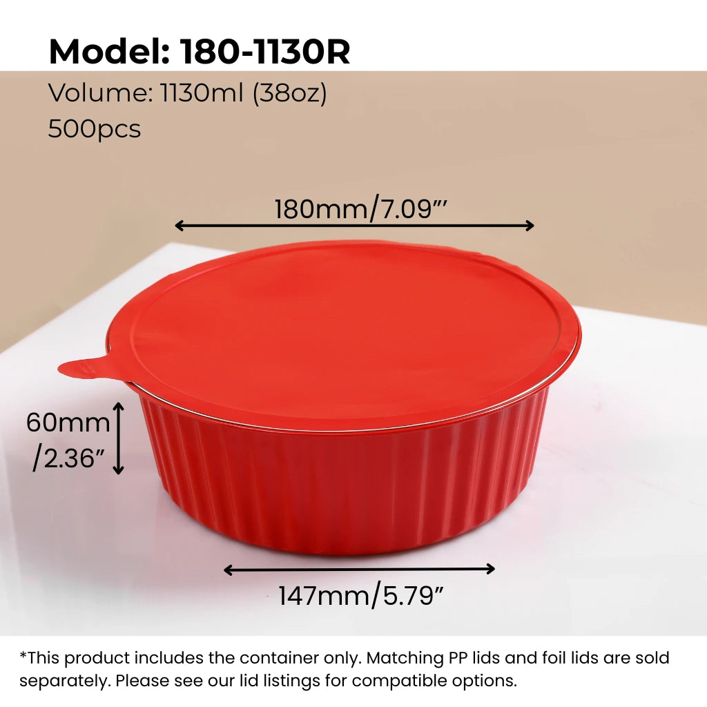 38 oz (1130 ml) red round aluminum foil food container with red sealing lid from FoilTrust