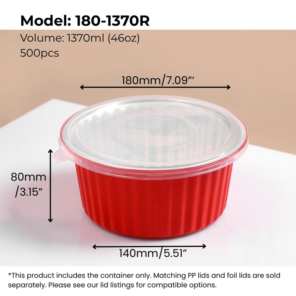 red 46 oz (1370 ml) round aluminum foil food container with PP lid from FoilTrust