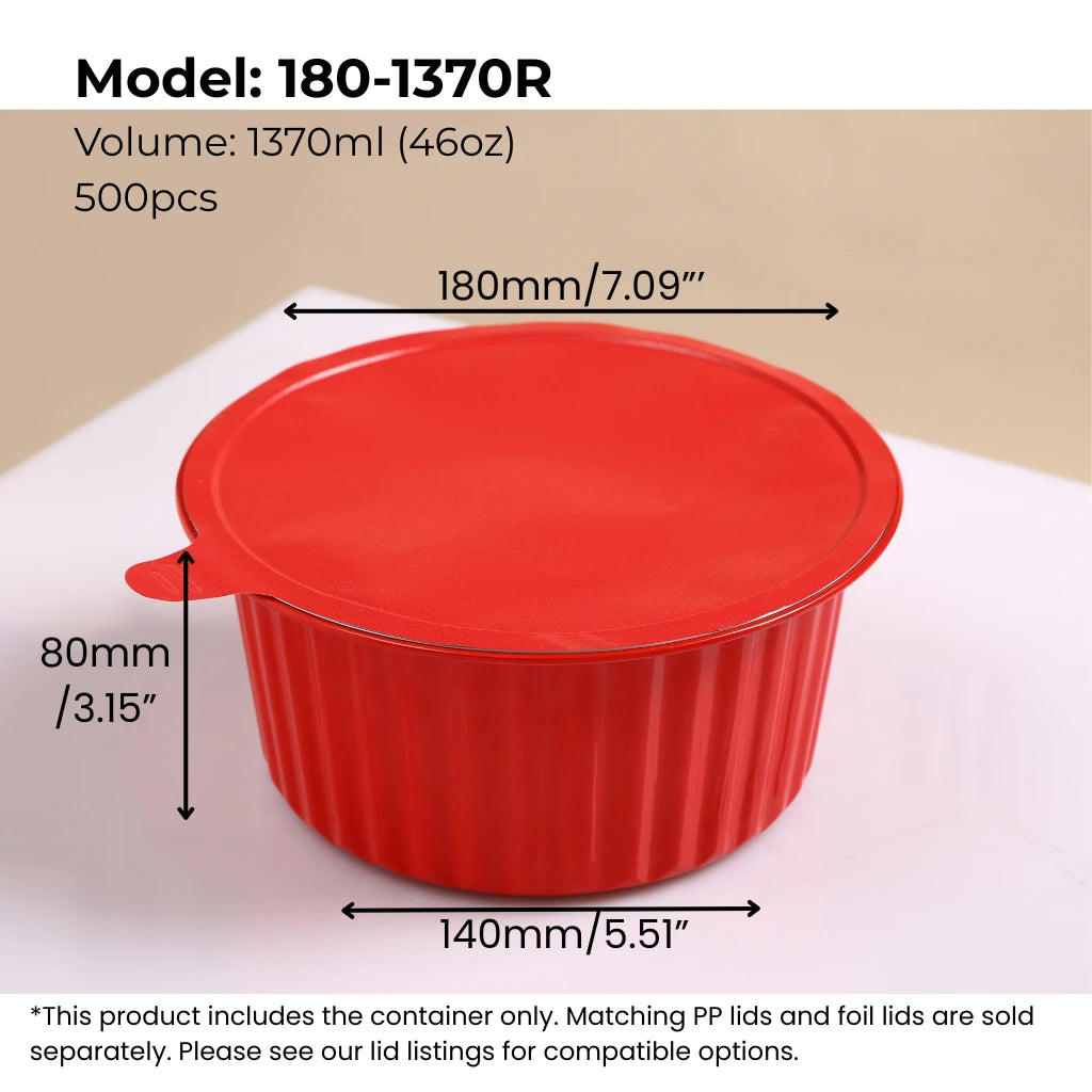 red 46 oz (1370 ml) round aluminum foil food container with sealing lid from FoilTrust