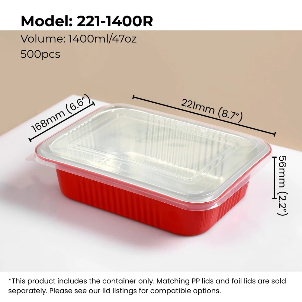 red 47 oz (1400 ml) rectangular aluminum foil food container with PP lid from FoilTrust