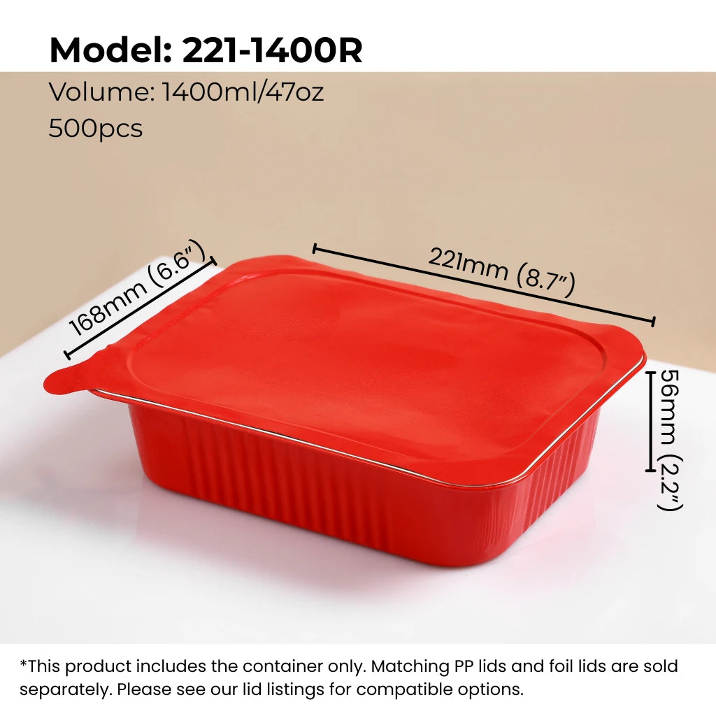 red 47 oz (1400 ml) rectangular aluminum foil food container with sealing lid from FoilTrust