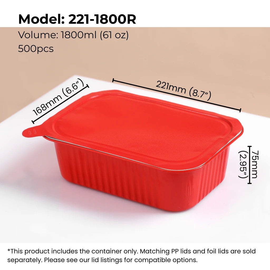 61 oz (1800 ml) red rectangular aluminum foil food container with red sealing lid from FoilTrust