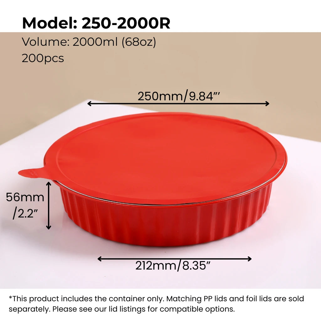 red 68 oz (2000 ml) round aluminum foil food container with sealing lid from FoilTrust