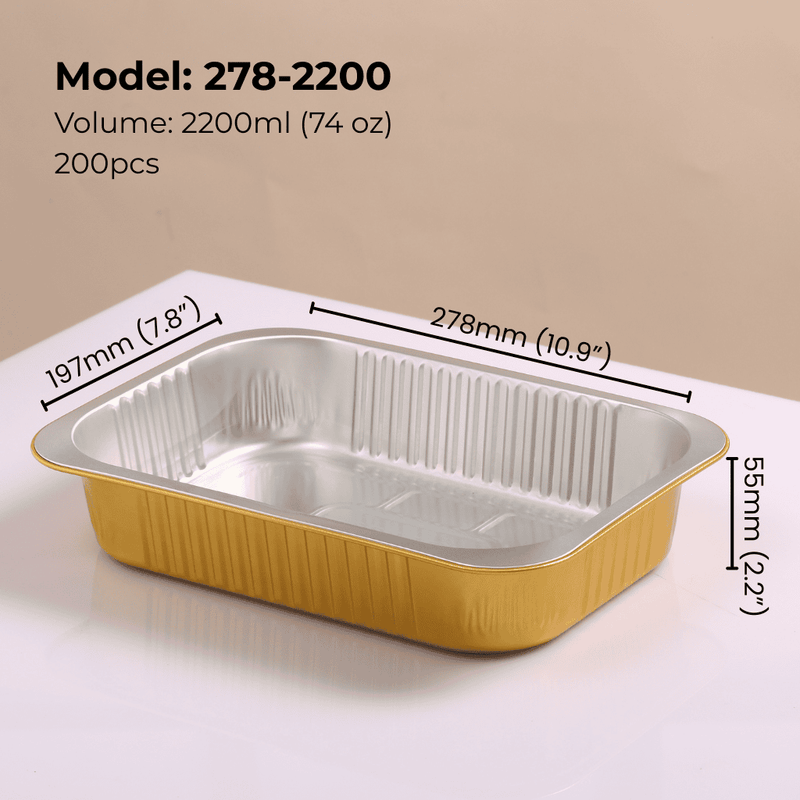 74oz (2200ml) aluminum foil container. The banquet-size tray for catering, food distribution, and large-portion meals.