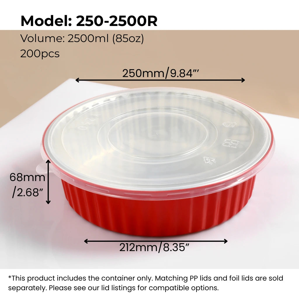 red 85 oz (2500 ml) round aluminum foil food container with PP lid from FoilTrust