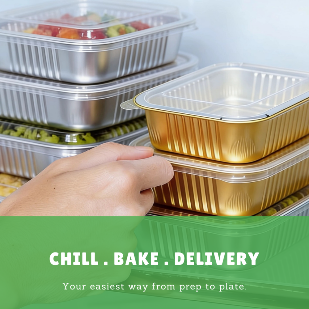 Foiltrust versatile aluminum container set for chill, bake, and delivery food services