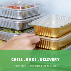 Foiltrust versatile aluminum container set for chill, bake, and delivery food services