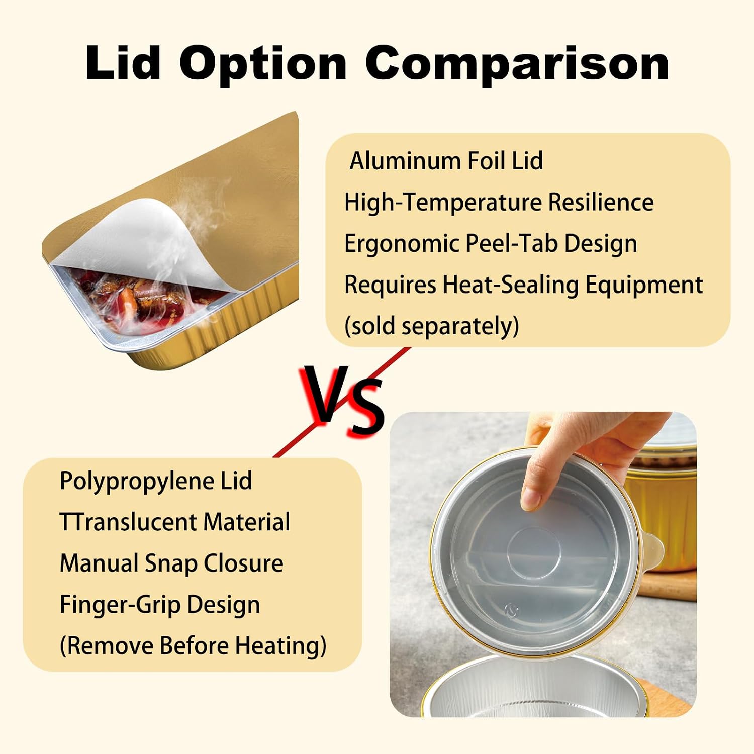 Foiltrust lid comparison: heat-sealable aluminum foil lids vs. translucent polypropylene manual snap-on lids.