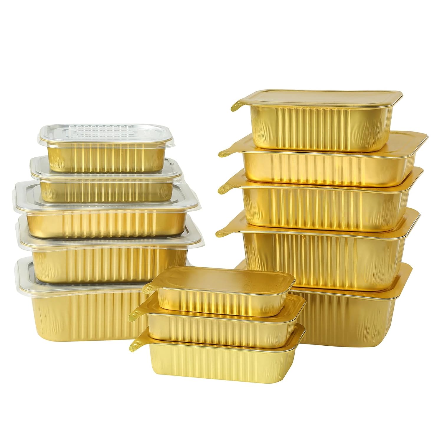 Foiltrust premium gold rectangular aluminum foil food containers in various sizes, stacked for professional display.