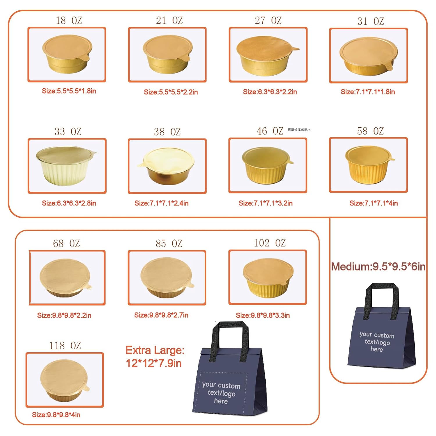 Foiltrust round aluminum foil container size and dimension guide, ranging from 10oz to 125oz for various food needs.