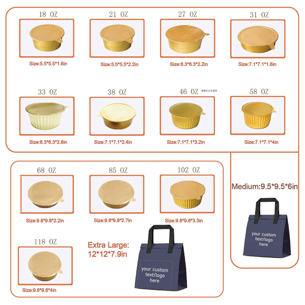 Foiltrust round aluminum foil container size and dimension guide, ranging from 10oz to 125oz for various food needs.