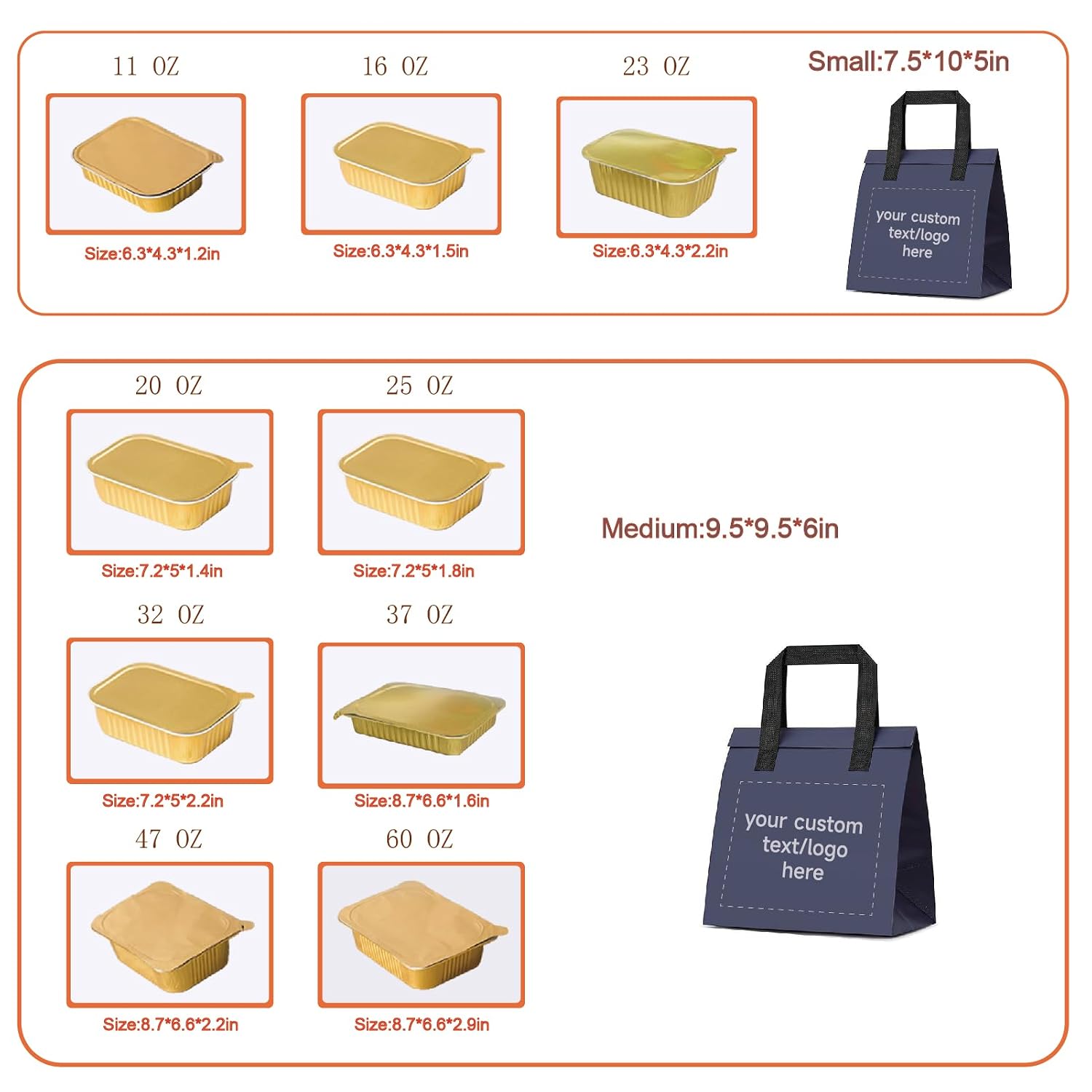 Foiltrust rectangular aluminum foil container size chart, showcasing capacities from 11oz to 60oz for catering.