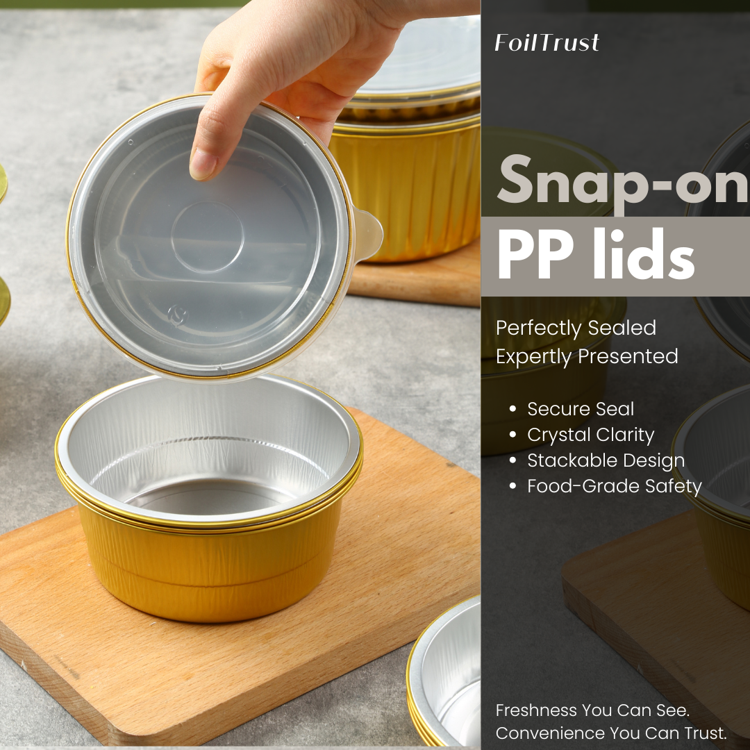Foiltrust aluminum container with snap-on PP lids for secure food sealing