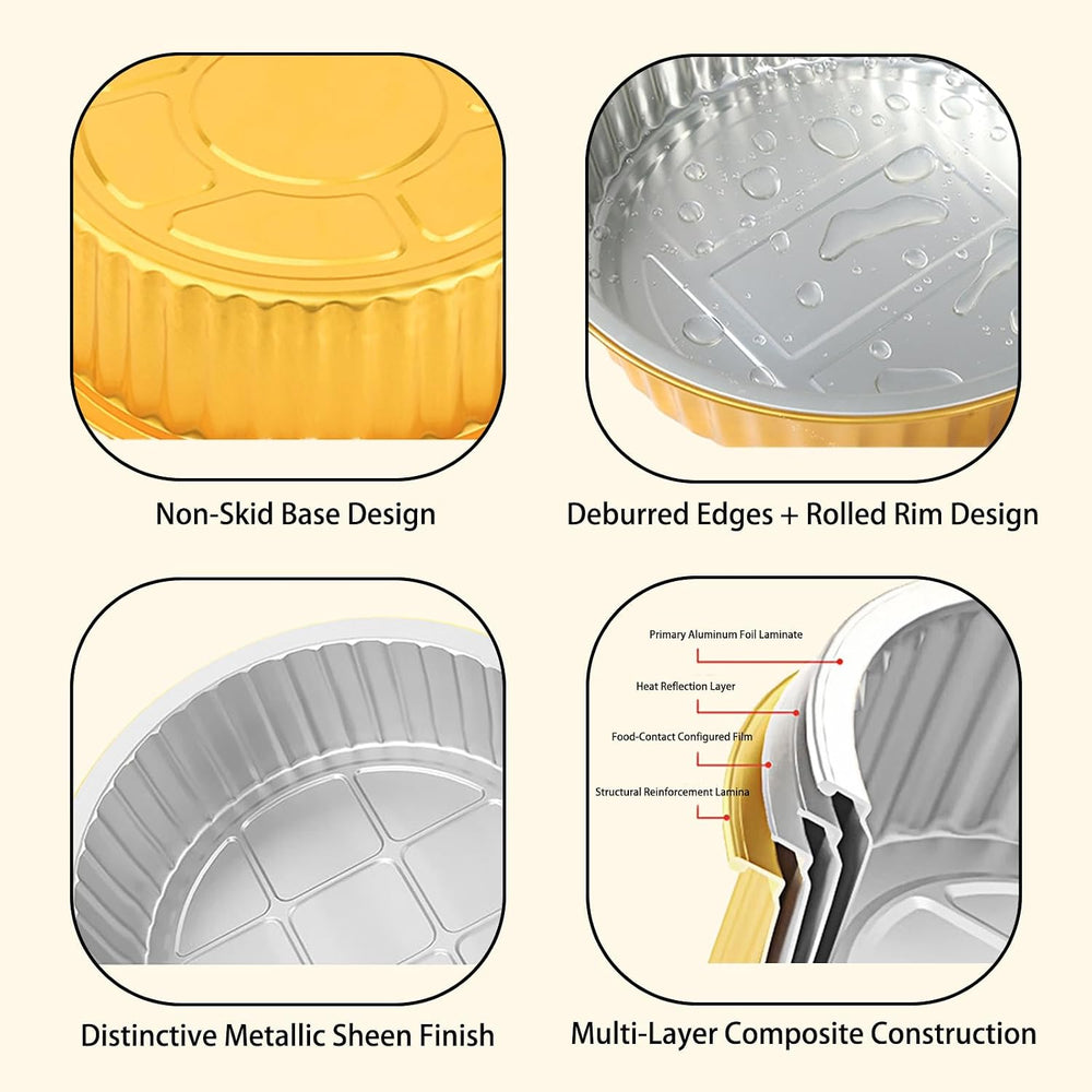Foiltrust aluminum container design details: non-slip base, rolled edge, metallic finish, and multi-layer construction.