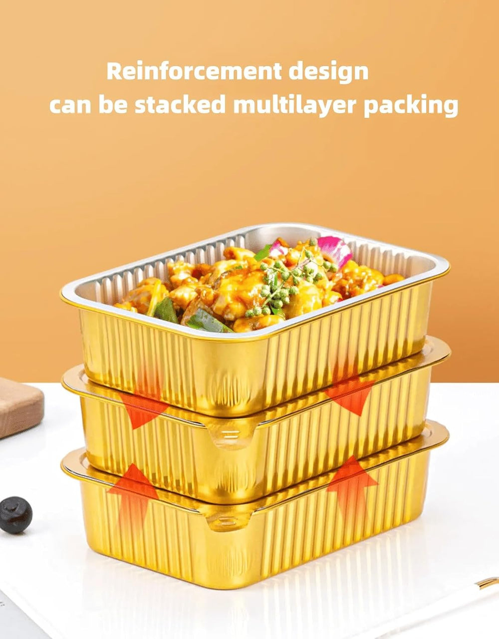Foiltrust stackable gold aluminum food containers with a reinforcement design for efficient multi-layer packing.