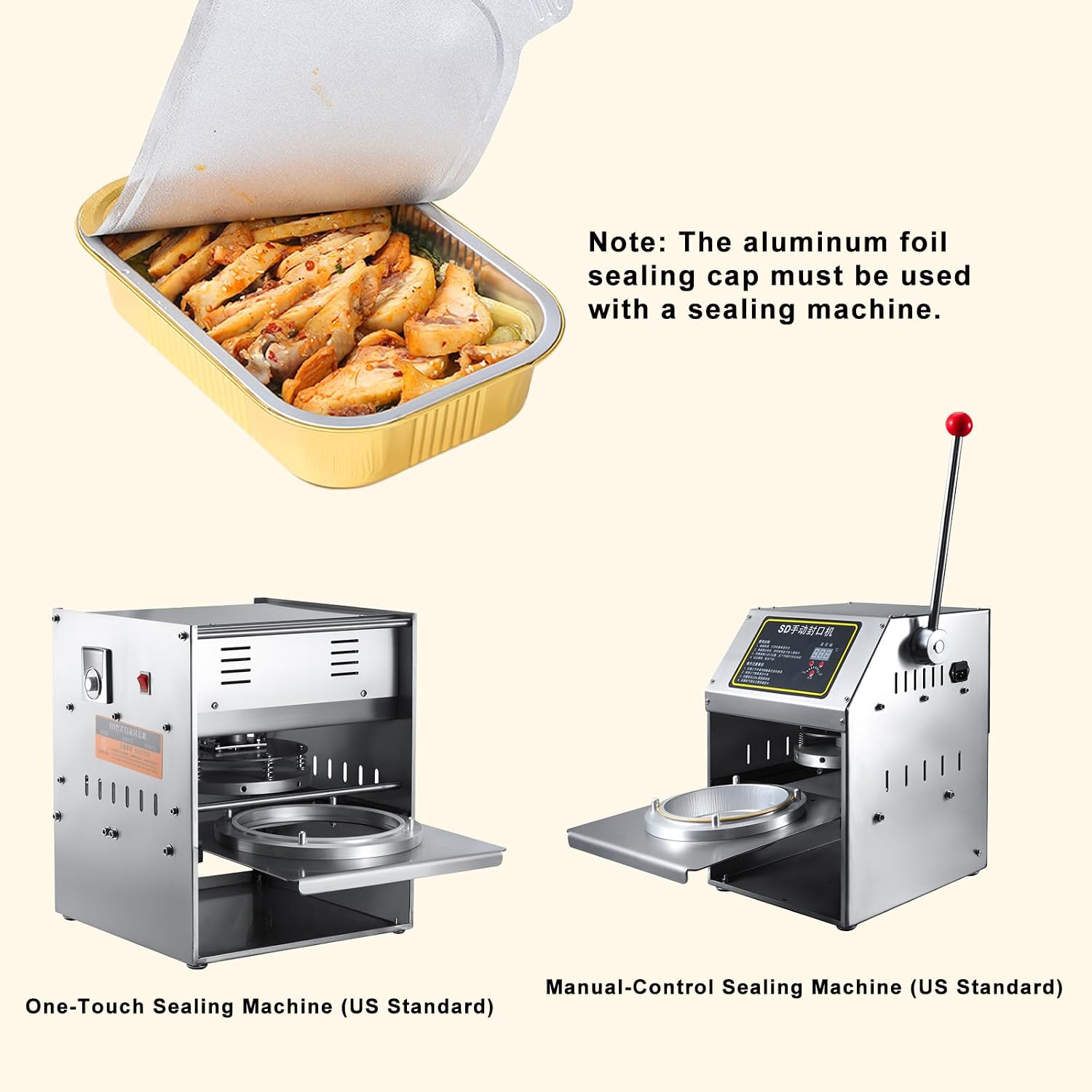 Foiltrust aluminum food containers shown with professional manual and one-touch heat-sealing machines.